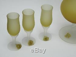 VINTAGE 60's ITALIAN MURANO AMBER FROSTED SATIN GLASS DECANTER + 6 GOBLETS