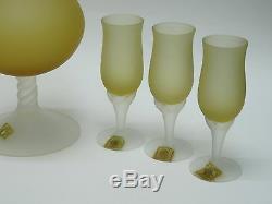 VINTAGE 60's ITALIAN MURANO AMBER FROSTED SATIN GLASS DECANTER + 6 GOBLETS