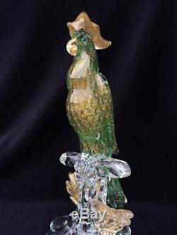 VINTAGE FORMIA Murano Glass Bird Green and Gold Cockatoo Bird Mid Century Modern