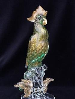 VINTAGE FORMIA Murano Glass Bird Green and Gold Cockatoo Bird Mid Century Modern