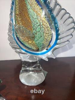 VINTAGE MURANO ART GLASS 13x5TALL BLOWN GLASS FISH Shell Is 11x7w Multicolor