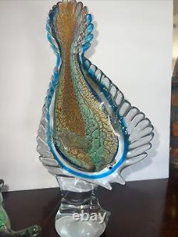 VINTAGE MURANO ART GLASS 13x5TALL BLOWN GLASS FISH Shell Is 11x7w Multicolor