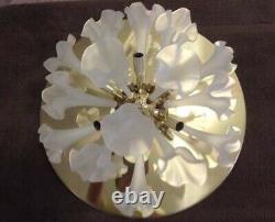 VINTAGE MURANO FLUSH MOUNT CHANDELIER Brass Frosted Art Glass Lily Sputnik 24