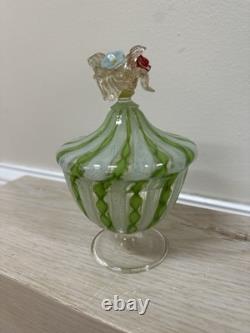 VINTAGE MURANO GLASS LIDDED CANDY JAR WITH LIME GREEN TWISTS And Flowers On Top