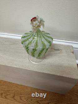 VINTAGE MURANO GLASS LIDDED CANDY JAR WITH LIME GREEN TWISTS And Flowers On Top