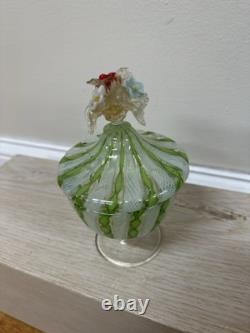 VINTAGE MURANO GLASS LIDDED CANDY JAR WITH LIME GREEN TWISTS And Flowers On Top
