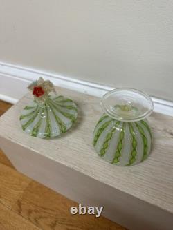 VINTAGE MURANO GLASS LIDDED CANDY JAR WITH LIME GREEN TWISTS And Flowers On Top