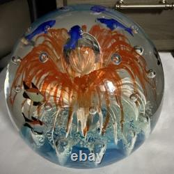 VINTAGE MURANO STYLE ROUND HAND BLOWN ART GLASS FISH AQUARIUM PAPERWEIGHT 7.5lbs