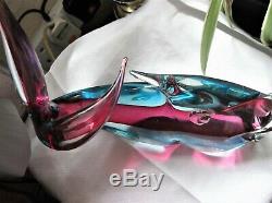 VINTAGE SOLID HEAVY GLASS MURANO FISH SUPERB COLOURS BLUE CLEAR CERISE 1376g