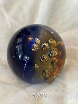 VTG 1950s Murano Blue and Amber Controlled Bubble Paperweight Signed Large