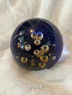 VTG 1950s Murano Blue and Amber Controlled Bubble Paperweight Signed Large