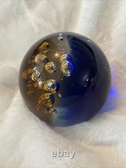 VTG 1950s Murano Blue and Amber Controlled Bubble Paperweight Signed Large