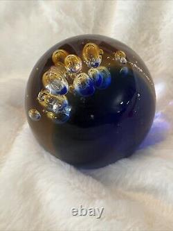 VTG 1950s Murano Blue and Amber Controlled Bubble Paperweight Signed Large