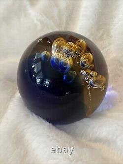 VTG 1950s Murano Blue and Amber Controlled Bubble Paperweight Signed Large