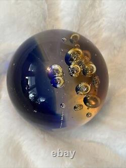 VTG 1950s Murano Blue and Amber Controlled Bubble Paperweight Signed Large