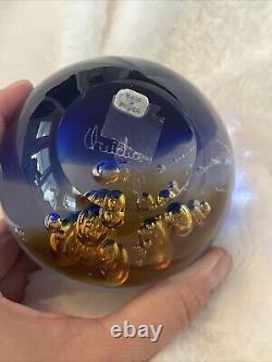 VTG 1950s Murano Blue and Amber Controlled Bubble Paperweight Signed Large