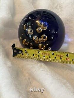 VTG 1950s Murano Blue and Amber Controlled Bubble Paperweight Signed Large