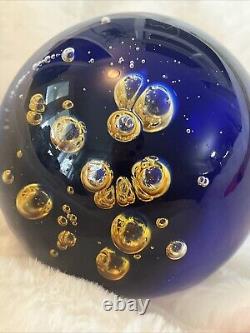 VTG 1950s Murano Blue and Amber Controlled Bubble Paperweight Signed Large