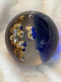 VTG 1950s Murano Blue and Amber Controlled Bubble Paperweight Signed Large