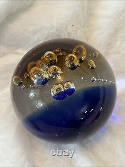 VTG 1950s Murano Blue and Amber Controlled Bubble Paperweight Signed Large