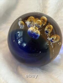 VTG 1950s Murano Blue and Amber Controlled Bubble Paperweight Signed Large