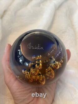 VTG 1950s Murano Blue and Amber Controlled Bubble Paperweight Signed Large