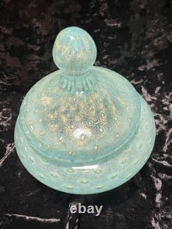 VTG Italian Murano Aventurine Bullicante Glass Vanity Jar Trinket Gold Flakes