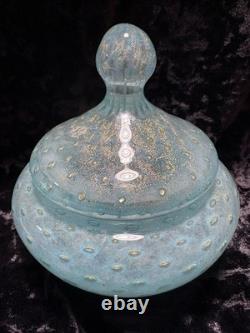 VTG Italian Murano Aventurine Bullicante Glass Vanity Jar Trinket Gold Flakes