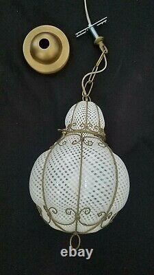 VTG Italian Murano Glass Latticino Caged Hanging Light Lamp Fixture Chandelier