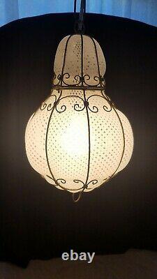 VTG Italian Murano Glass Latticino Caged Hanging Light Lamp Fixture Chandelier