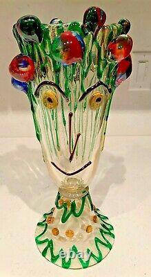 VTG LUIGIO MELLARO SIGNED MURANO GLASS VASE WithFACE WITH GLASS BALLS DRIPPING GL