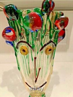 VTG LUIGIO MELLARO SIGNED MURANO GLASS VASE WithFACE WITH GLASS BALLS DRIPPING GL