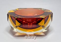 VTG MCM Murano Flavio Poli Sommerso Diamond Amber Glass Ashtray Bowl Mandruzzato