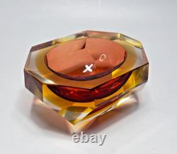 VTG MCM Murano Flavio Poli Sommerso Diamond Amber Glass Ashtray Bowl Mandruzzato