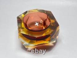 VTG MCM Murano Flavio Poli Sommerso Diamond Amber Glass Ashtray Bowl Mandruzzato