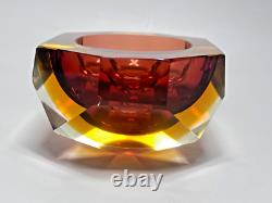 VTG MCM Murano Flavio Poli Sommerso Diamond Amber Glass Ashtray Bowl Mandruzzato