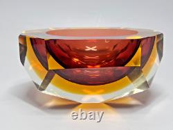 VTG MCM Murano Flavio Poli Sommerso Diamond Amber Glass Ashtray Bowl Mandruzzato