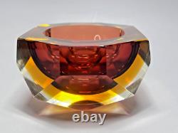 VTG MCM Murano Flavio Poli Sommerso Diamond Amber Glass Ashtray Bowl Mandruzzato