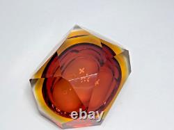 VTG MCM Murano Flavio Poli Sommerso Diamond Amber Glass Ashtray Bowl Mandruzzato