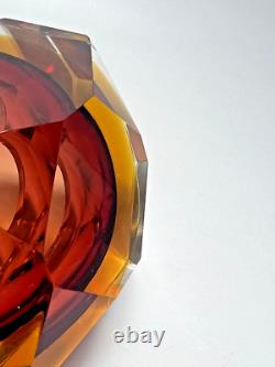 VTG MCM Murano Flavio Poli Sommerso Diamond Amber Glass Ashtray Bowl Mandruzzato
