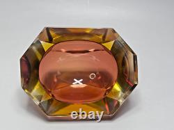 VTG MCM Murano Flavio Poli Sommerso Diamond Amber Glass Ashtray Bowl Mandruzzato