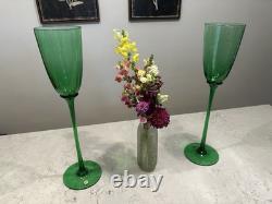 VTG MCM Murano Style Tall 19 Green Centerpiece Flutes Vases Set of 2 Italy