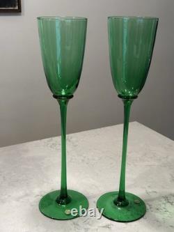 VTG MCM Murano Style Tall 19 Green Centerpiece Flutes Vases Set of 2 Italy