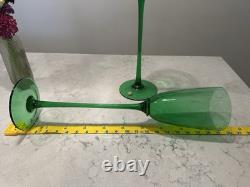 VTG MCM Murano Style Tall 19 Green Centerpiece Flutes Vases Set of 2 Italy