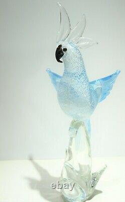 VTG Murano Bird Formia Italy Art Glass Sculpture Cockatoo Silver Blue MCM Modern