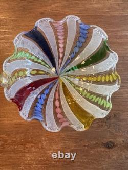 VTG Murano Glass Bowl Colorful Latticino Ribbon Filigrana Handle Made In Italy