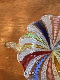 VTG Murano Glass Bowl Colorful Latticino Ribbon Filigrana Handle Made In Italy