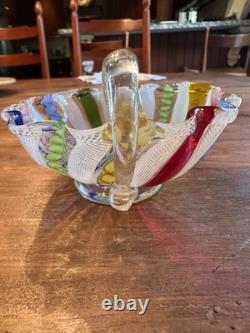 VTG Murano Glass Bowl Colorful Latticino Ribbon Filigrana Handle Made In Italy
