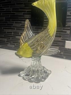 VTG Murano Glass Fish Figurine YellowithGold/Silver Withglass Stand
