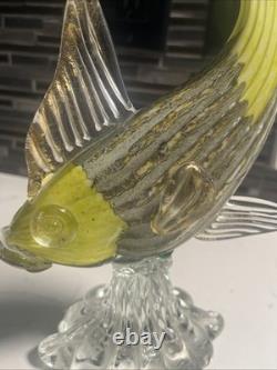 VTG Murano Glass Fish Figurine YellowithGold/Silver Withglass Stand